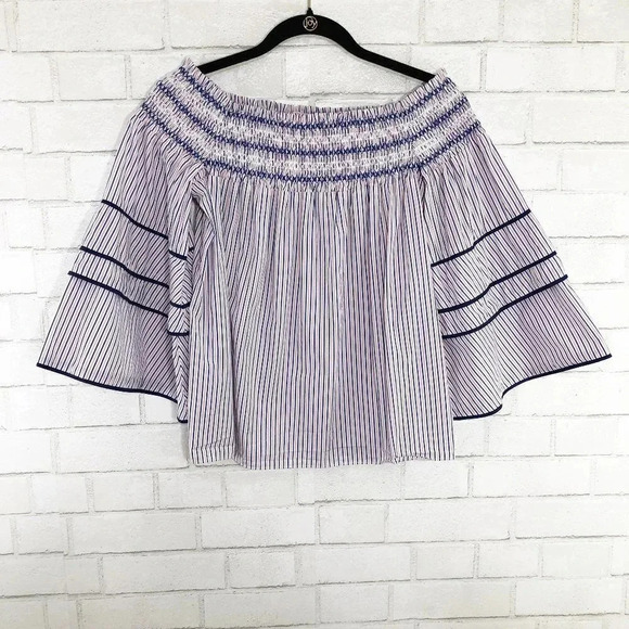 Parker Largo Smocked Off The Shoulder Striped Blouse Women's Size Medium - Picture 1 of 8